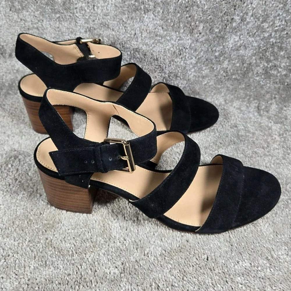 J.Crew Sandals Black Suede Three-Strap Buckle Stacked Heel Women 9